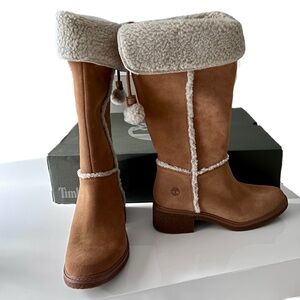 Timberland Brinda Tall Boot Brown Suede Faux Shearling 7 Western Aspen Chic Boho